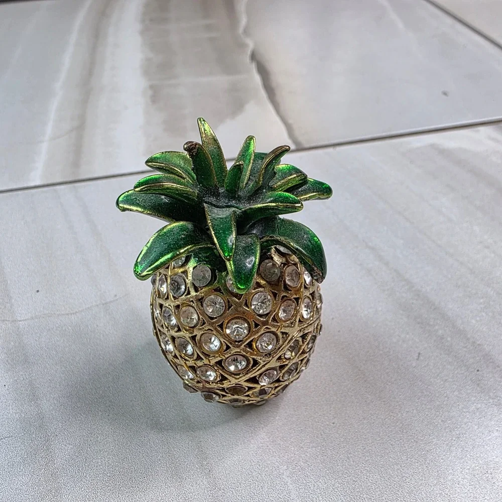 Vintage Pineapple Rhinestone Trinket Box‎ Gold Tone Green Enamel Hinged Jewelry